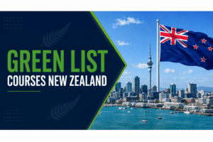 Green List courses in New Zealand with Auckland skyline and New Zealand flag