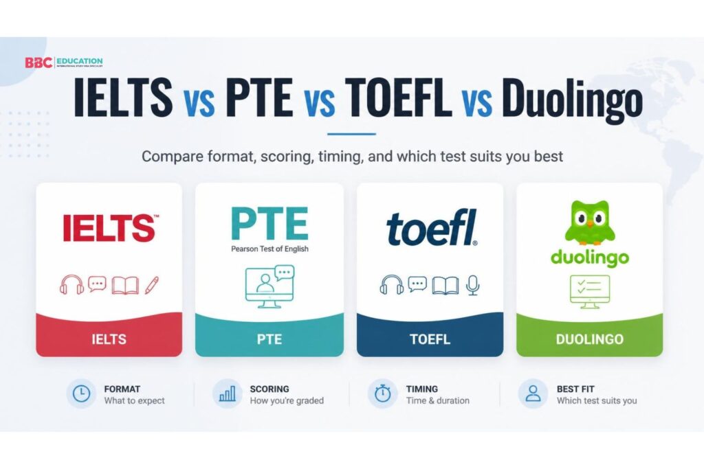 IELTS vs PTE vs TOEFL Duolingo English test comparison BBC Education 2026